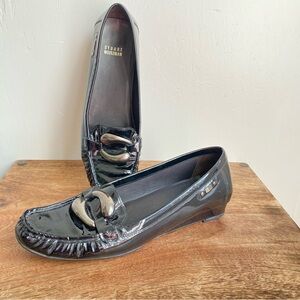 Stuart Weitzman Glossy Black Patent Loafers Rounded Toe Metal Detail 10